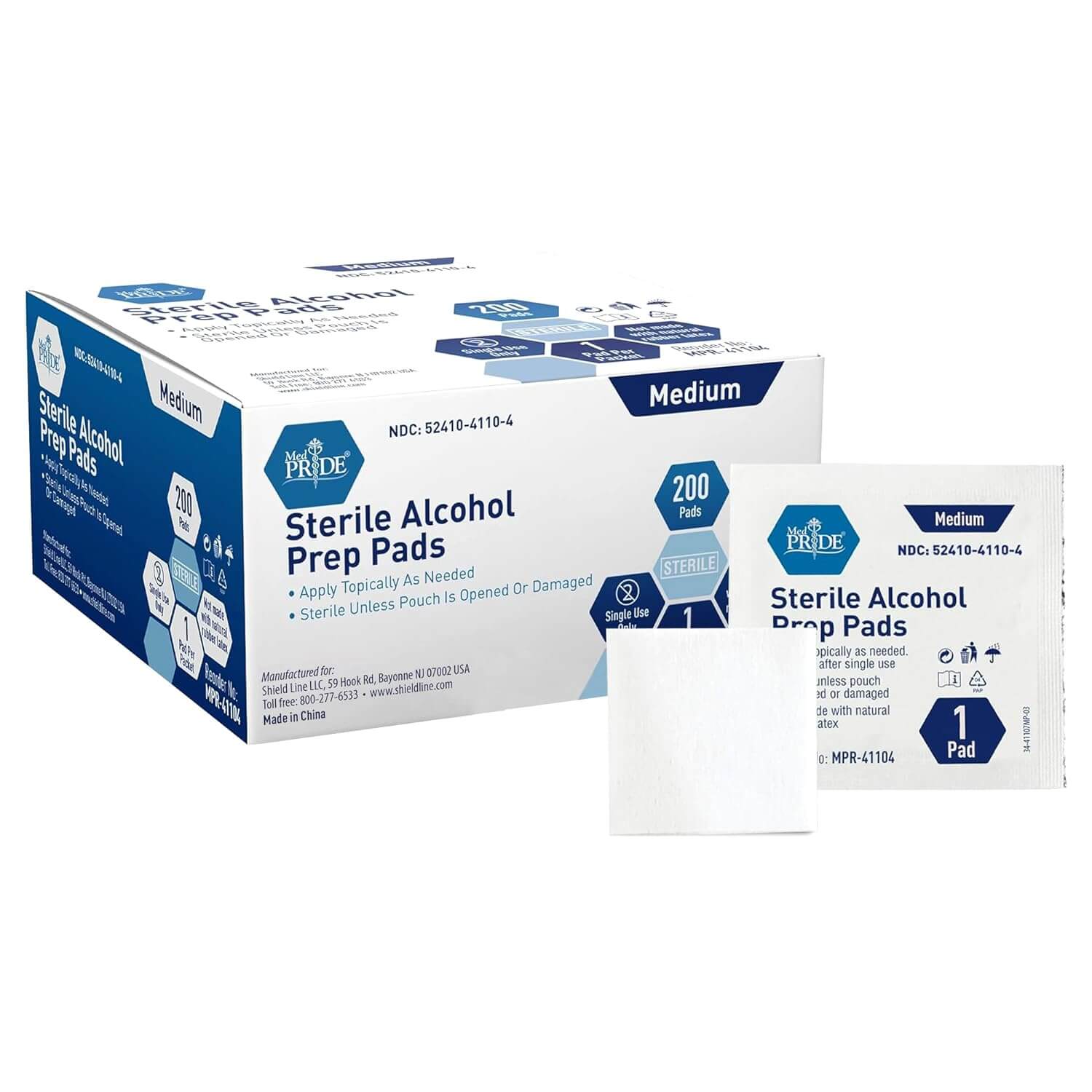 A blue and white box of sterile alcohol prep pads sits against a white background.