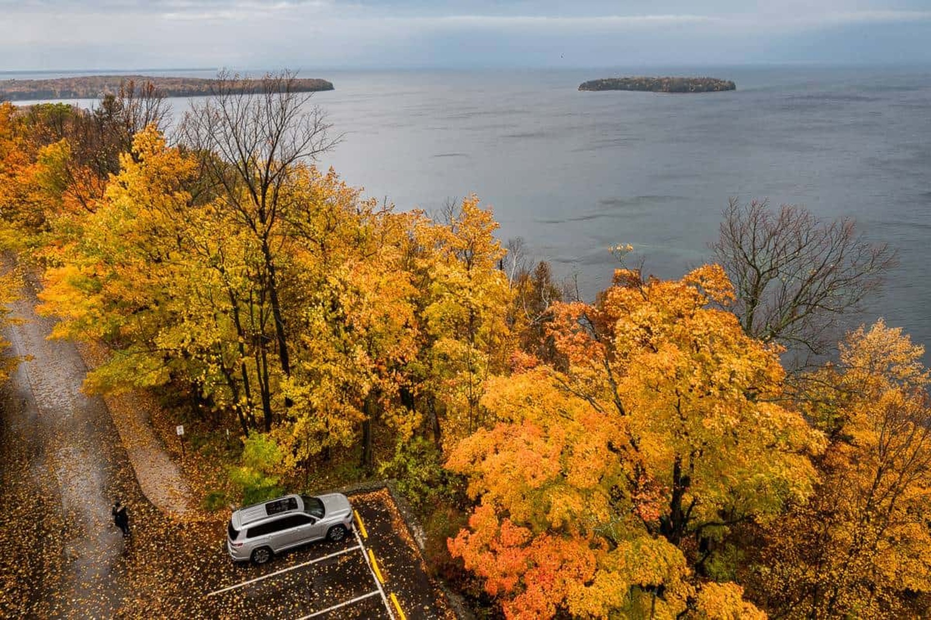 A person stands by their silver car, which is parked in front of Door County's waterfront area. The trees are bright yellow and the sky is full of gray autumn clouds.
