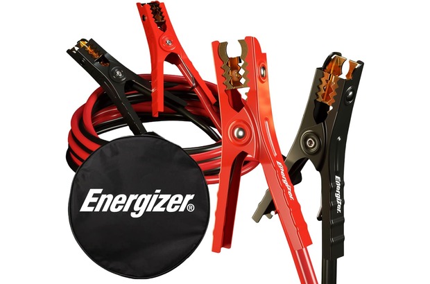 A pair of red and black Energizer jumper cables sits against a white background. The circular black storage bag they come with has the Energizer logo in white.