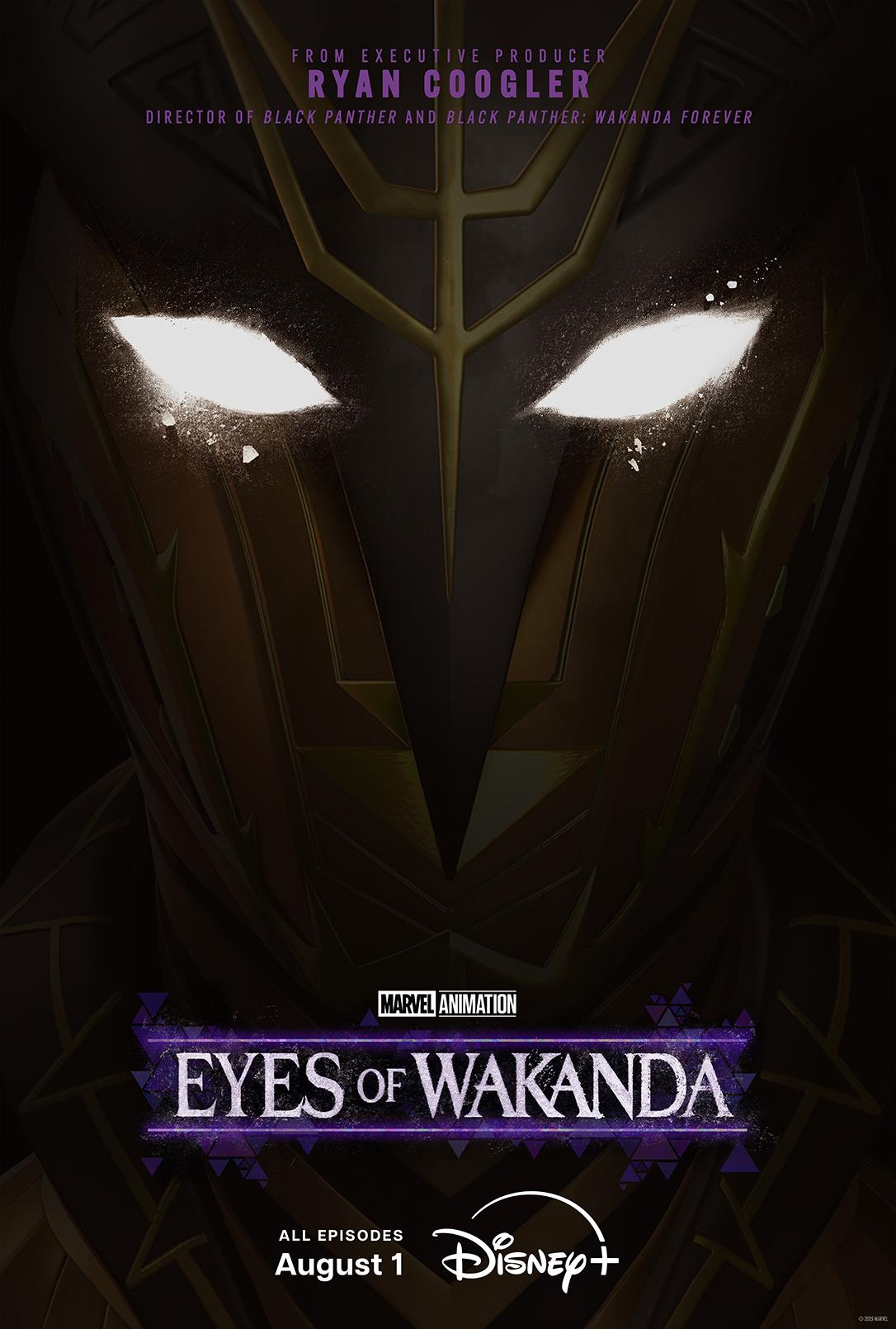 A character in a Black Panther-esque mask sits against a black background in the "Eyes of Wakanda" poster.