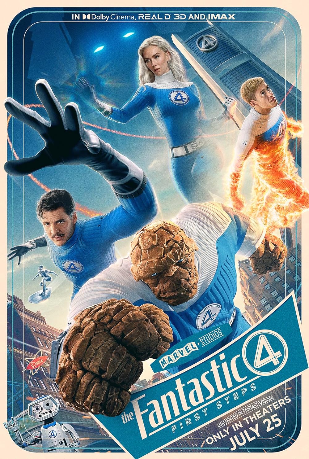 The main poster for the "Fantastic Four: First Steps" movie shows the cast fighting in their town.