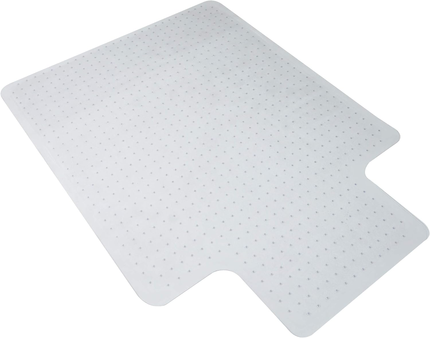 A desk chair mat with plastic spikes to maintain its position on carpeting sits on a white background.