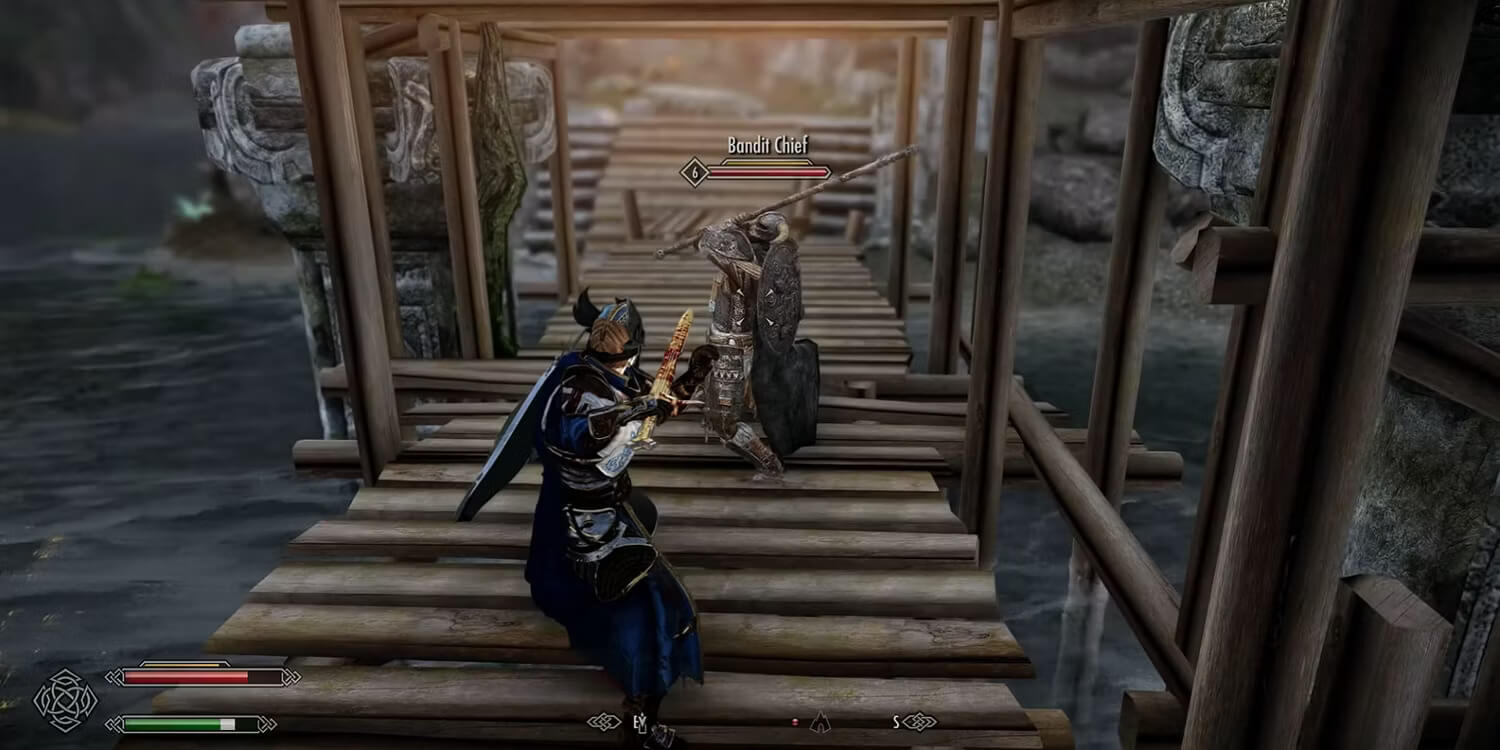 The custom main character in Skyrim is fighting the Bandit Chief on an unfinished wooden bridge at either early morning or just past sunset. Their health bars are nearly full and the Bandit Chief is in mid swing with a long wooden rod.