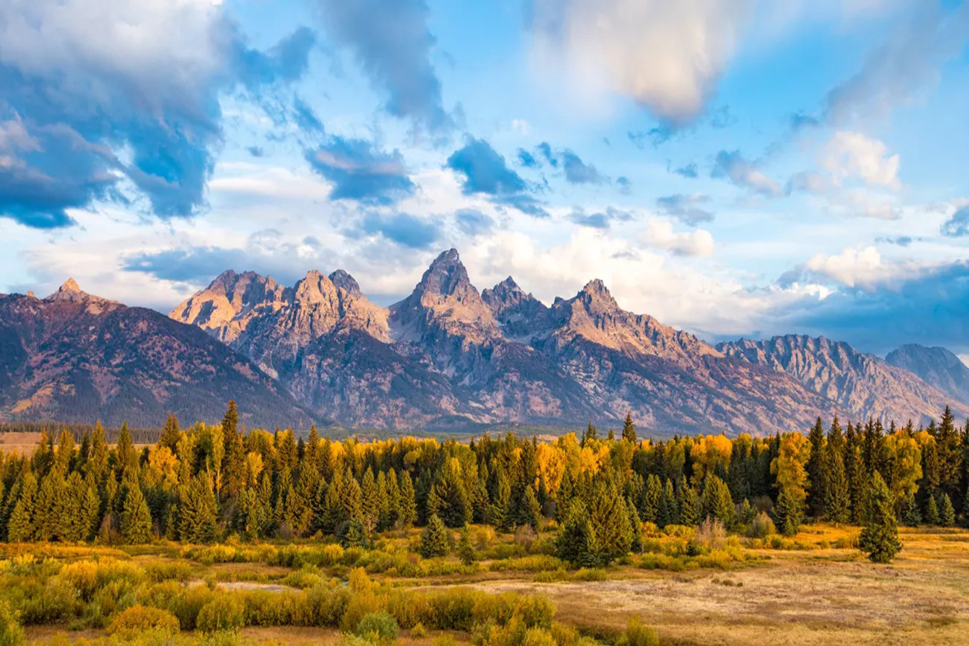 Grand Teton National Park's open meadows lined by yellow and green trees sit in front of a mountain range under a blue cloudy sky.