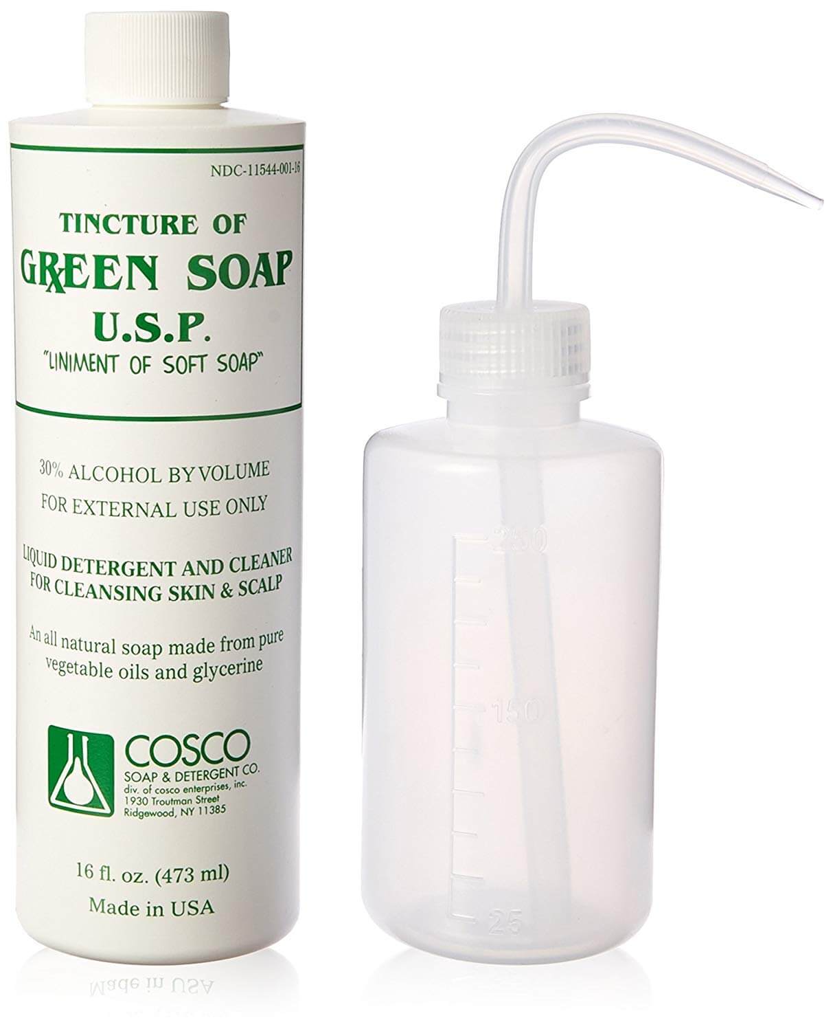 A bottle of Green Soap and a clean dispenser bottle sit against a white background.