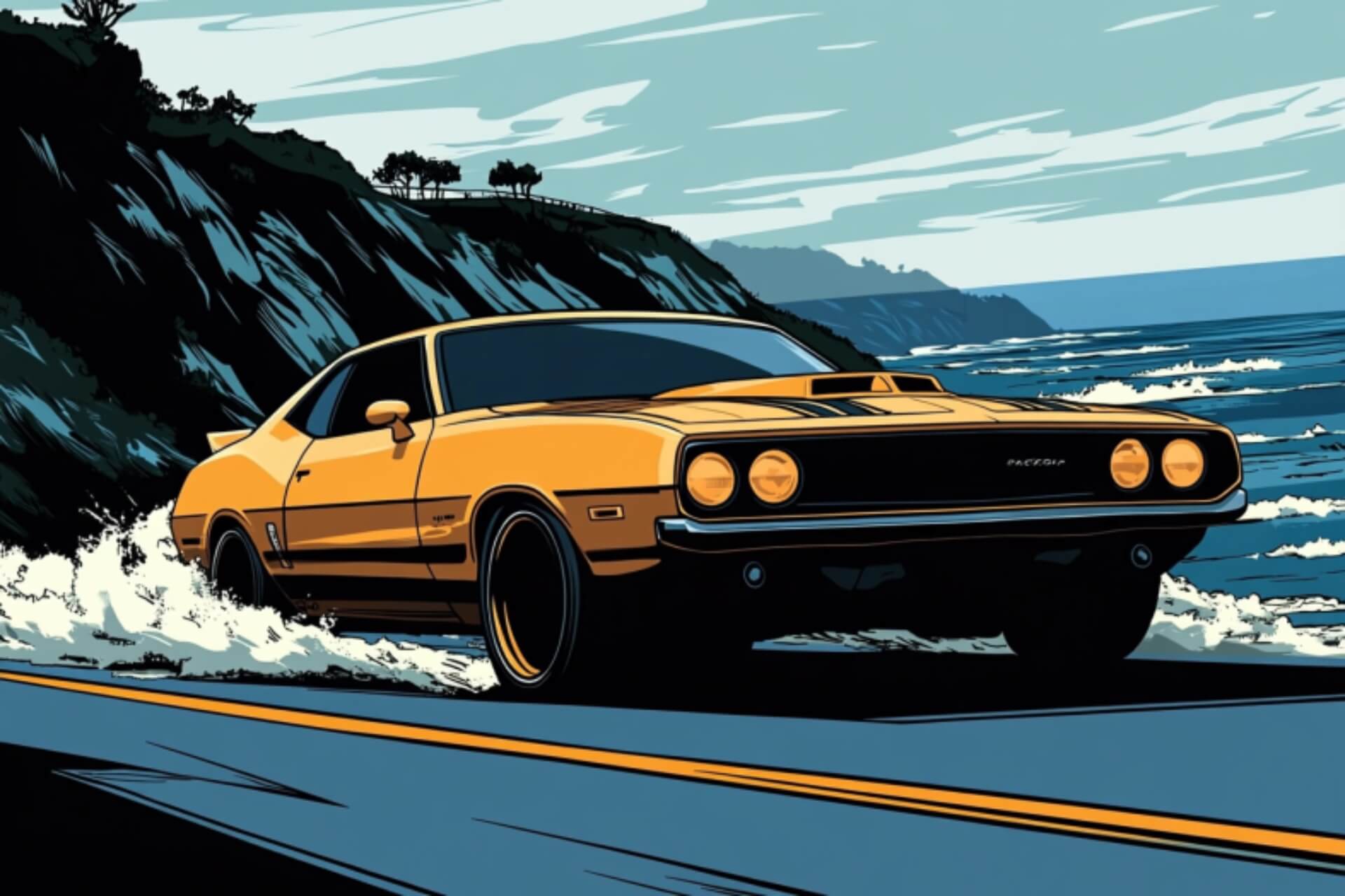 Muscle car driving along a coastline