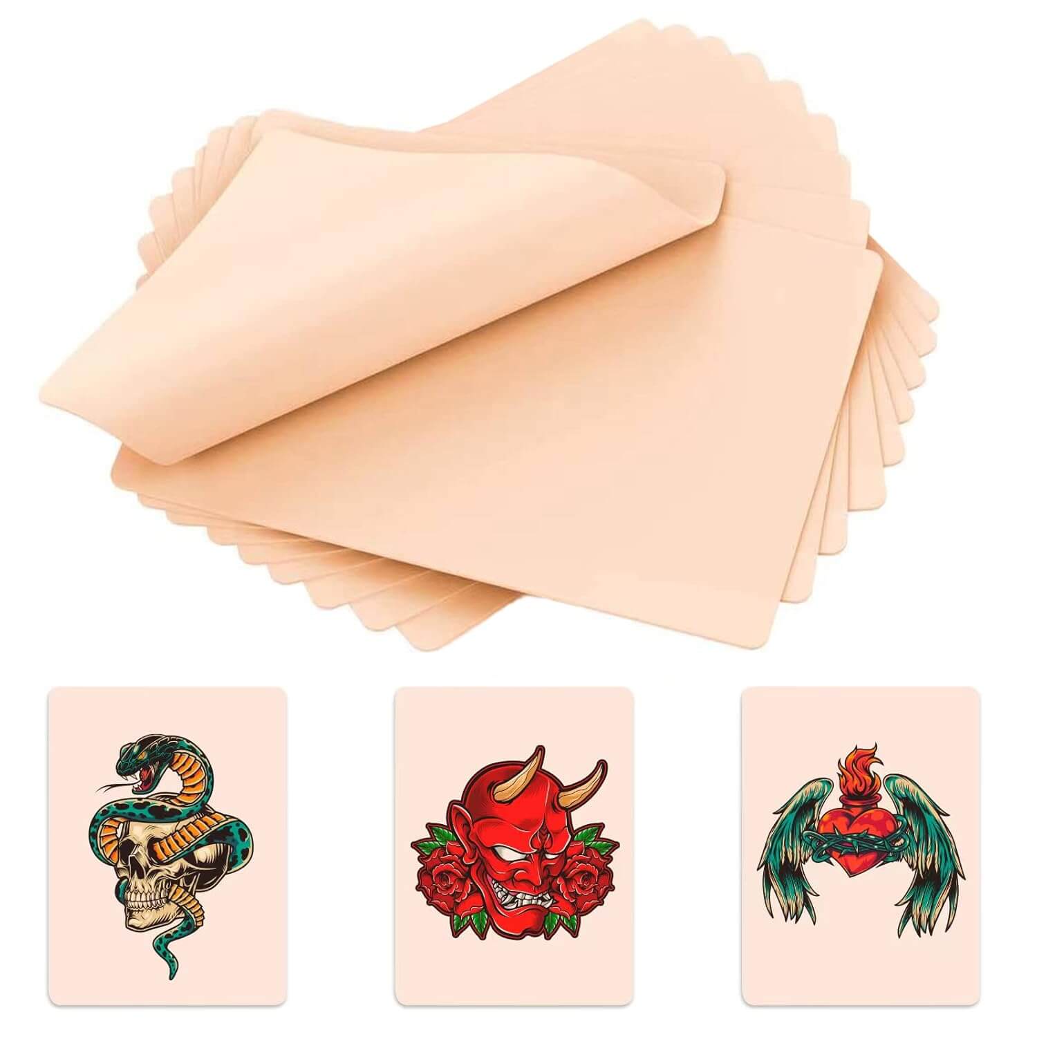 A stack of latex skin pads sits in a pile on a white background with three example tattoos on the same pads below it.