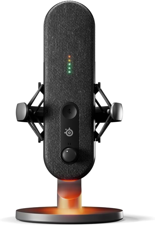 A SteelSeries microphone that's black and has a gray stand sits against a white background. A small orange light glows on the bottom of the microphone.