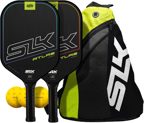 Two black fiberglass pickleball paddles sit against a white background with three yellow balls and a black and yellow carrying case.