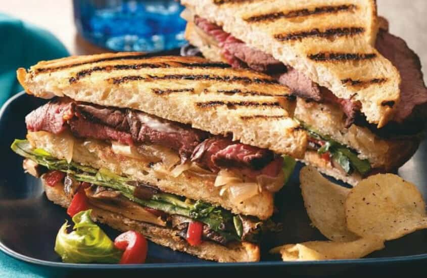 French onion soup with steak and portobello sandwiches.