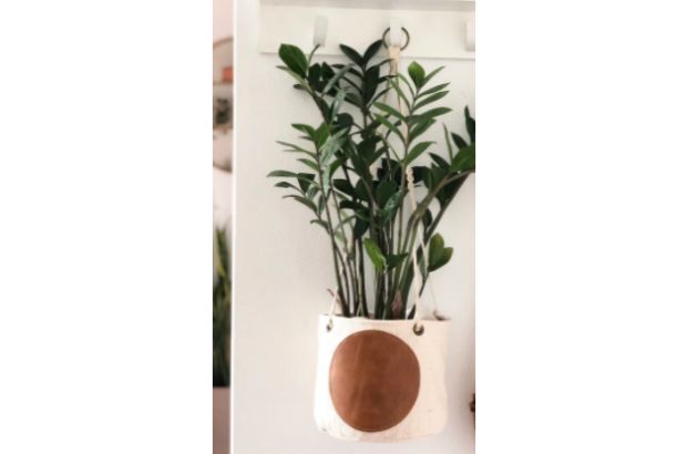 Full Moon Mud Cloth and Leather Hanging Basket