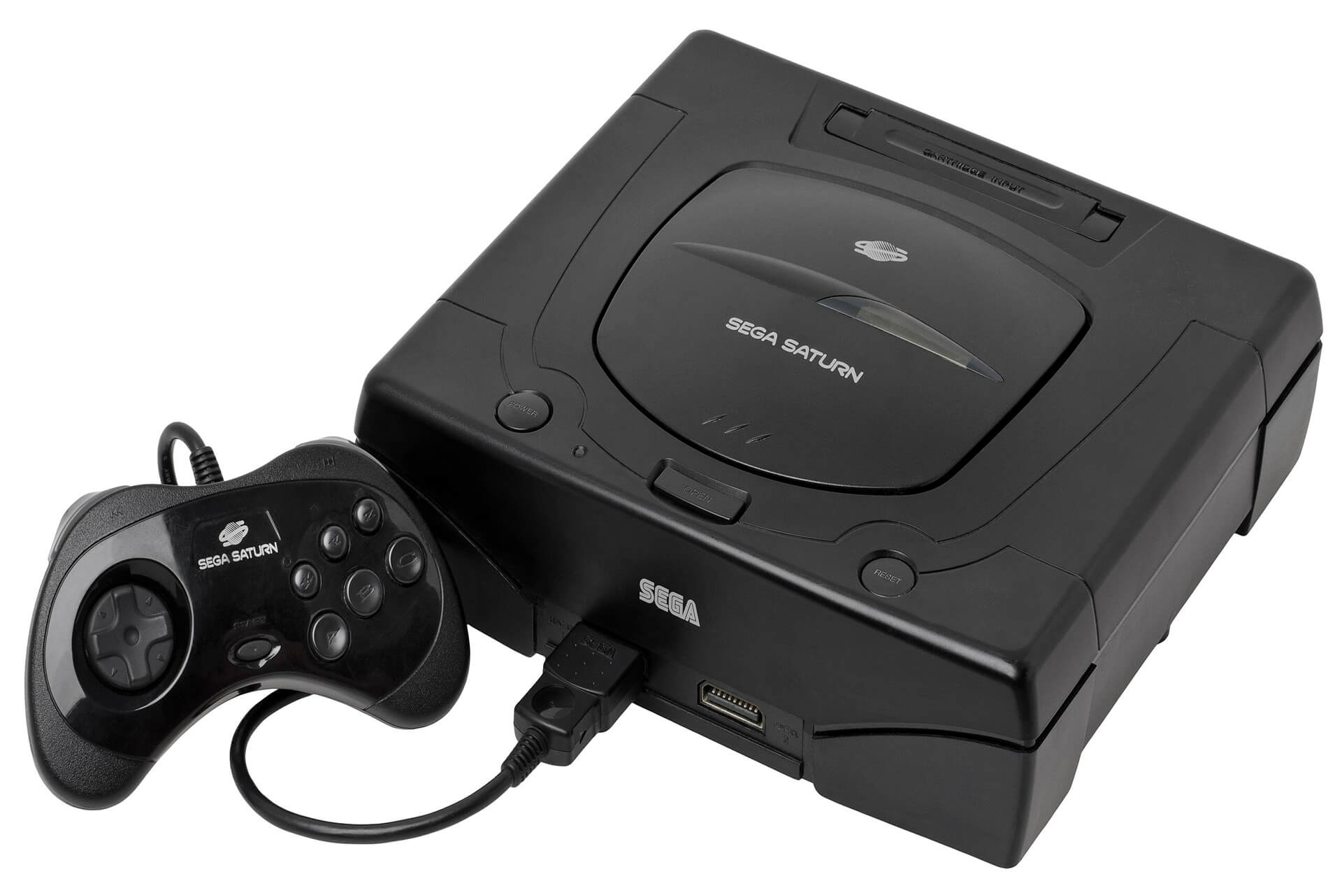 Black Sega Saturn with a controller
