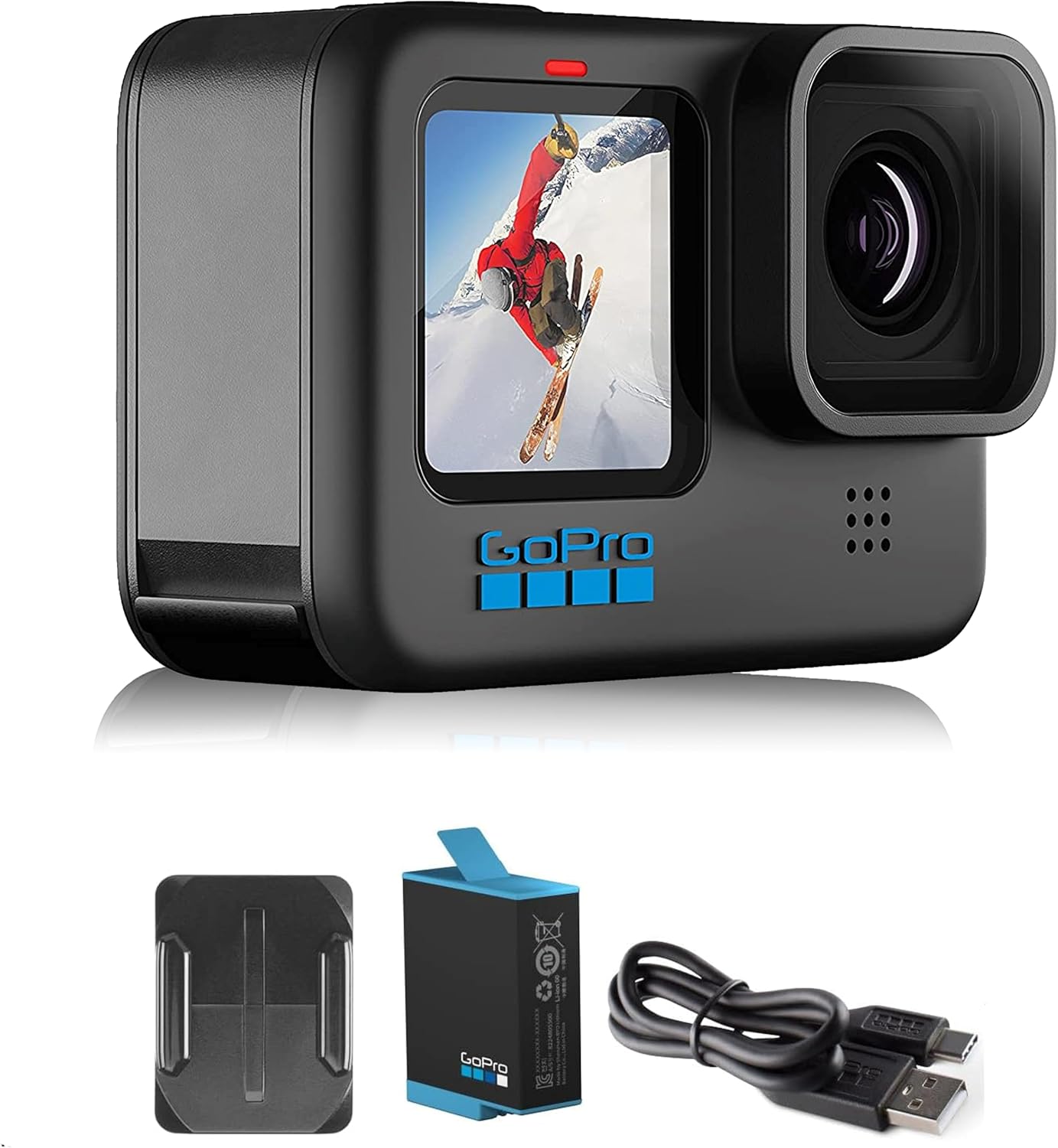 A black GoPro with a rear screen, complete with a USB charging cord.