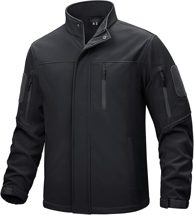 A thin, black waterproof jacket with black fleece lining the inside against a white background.