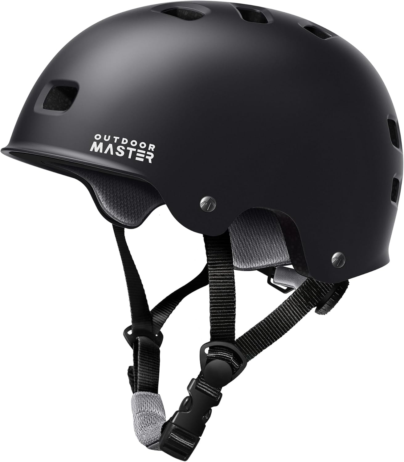 A spelunking helment that's black, has air flow cutouts and a black chin strap.