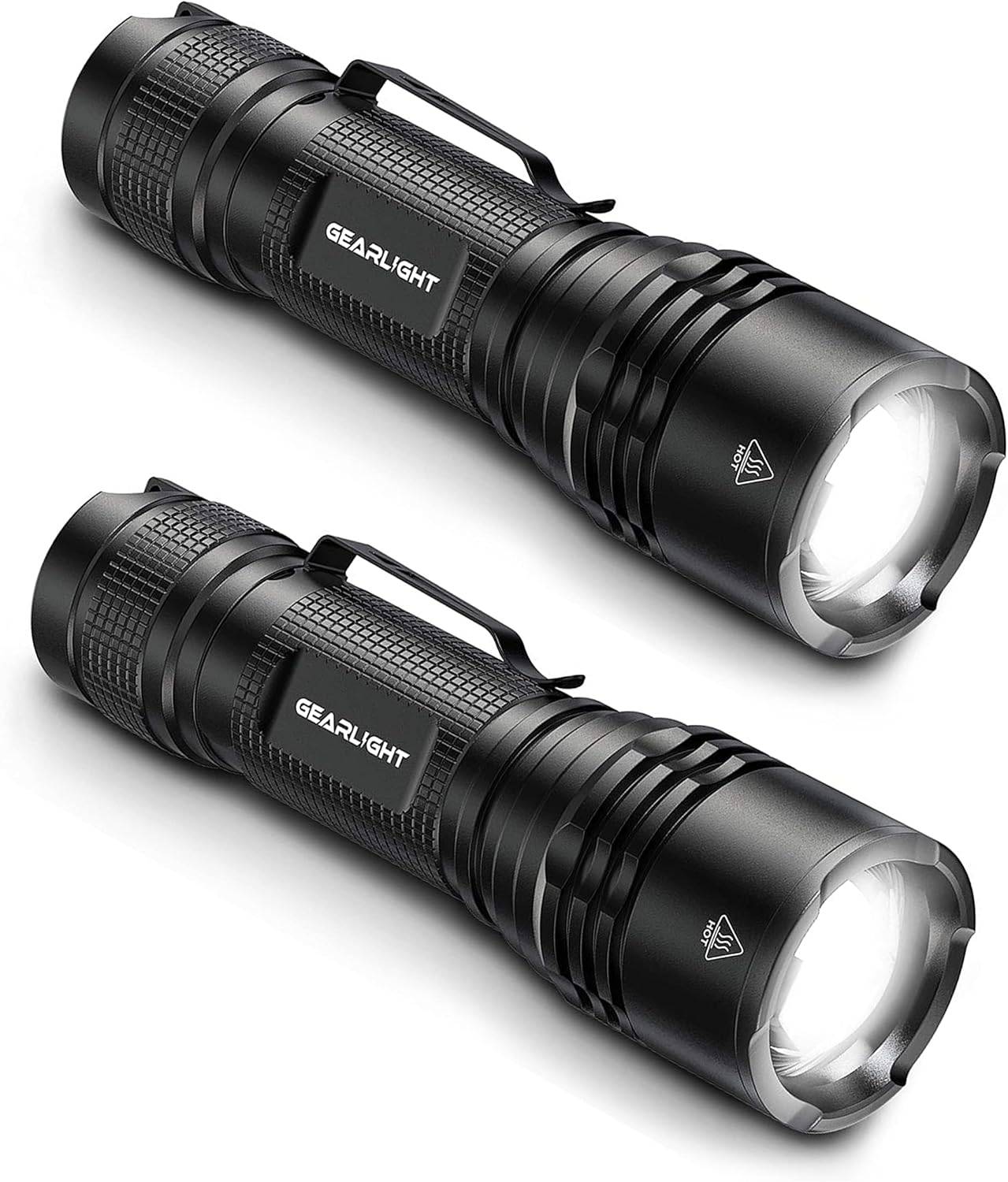 Two tiny black spelunking flashlights against a white background.