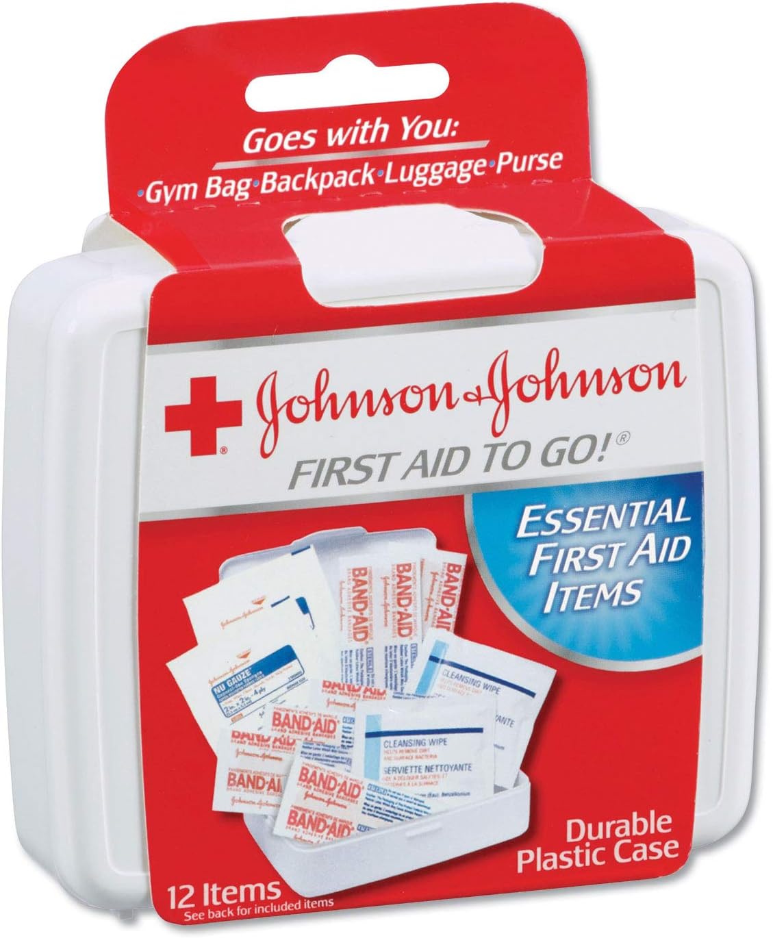 A small red and white Johnson & Johnson first aid kit against a white background. It's essential spelunking gear, given the risk of injury in caves.