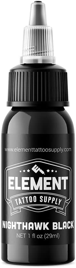 A bottle of black Element tattoo ink sits against a white background.