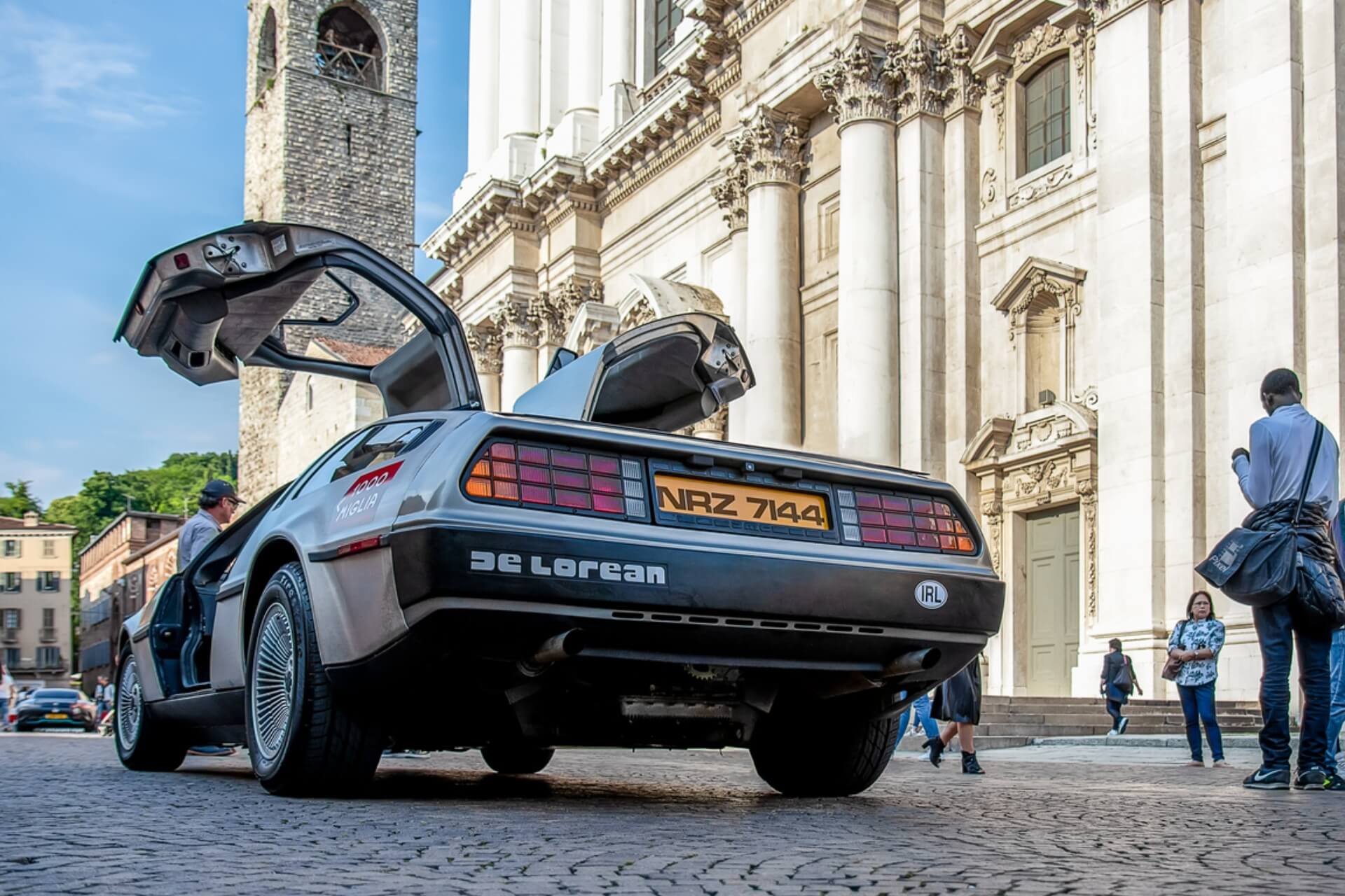 The back of a DeLorean car.