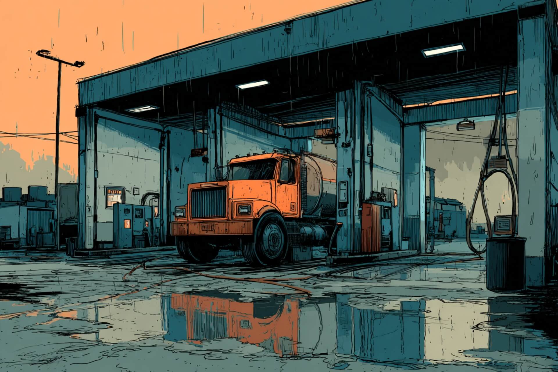 Truck going through truck wash.