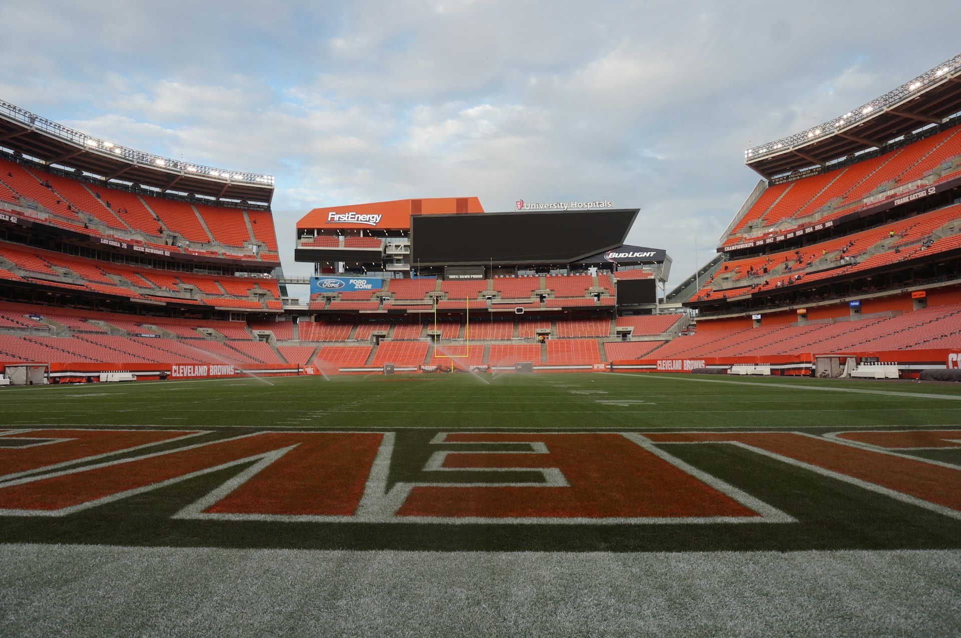A view from the field of an empty Cleveland Browns stadium