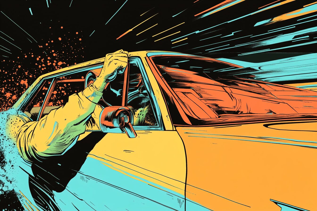 a helmeted drive drifting a car