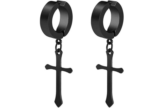 Black snap-on earrings with dangling crosses