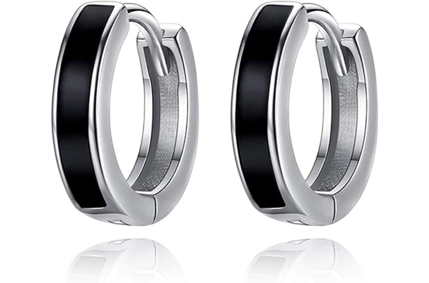 silver hoop earrings with a black stripe