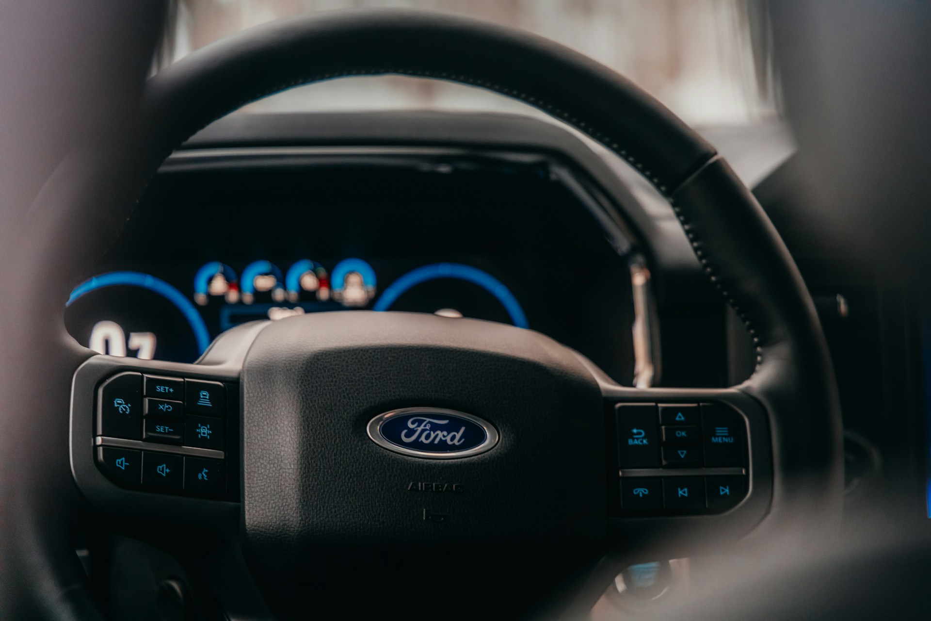 Close-up of a Ford steering wheel