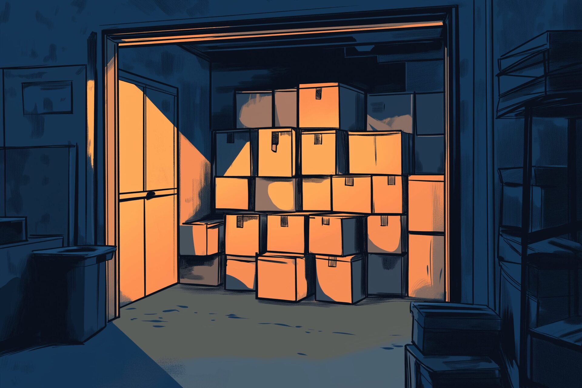 A bunch of stacked boxes filling a garage