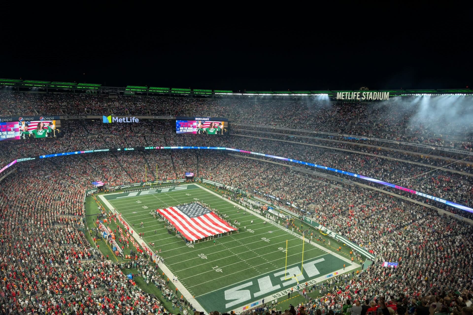MetLife Stadium at night during a New York Jets home game
