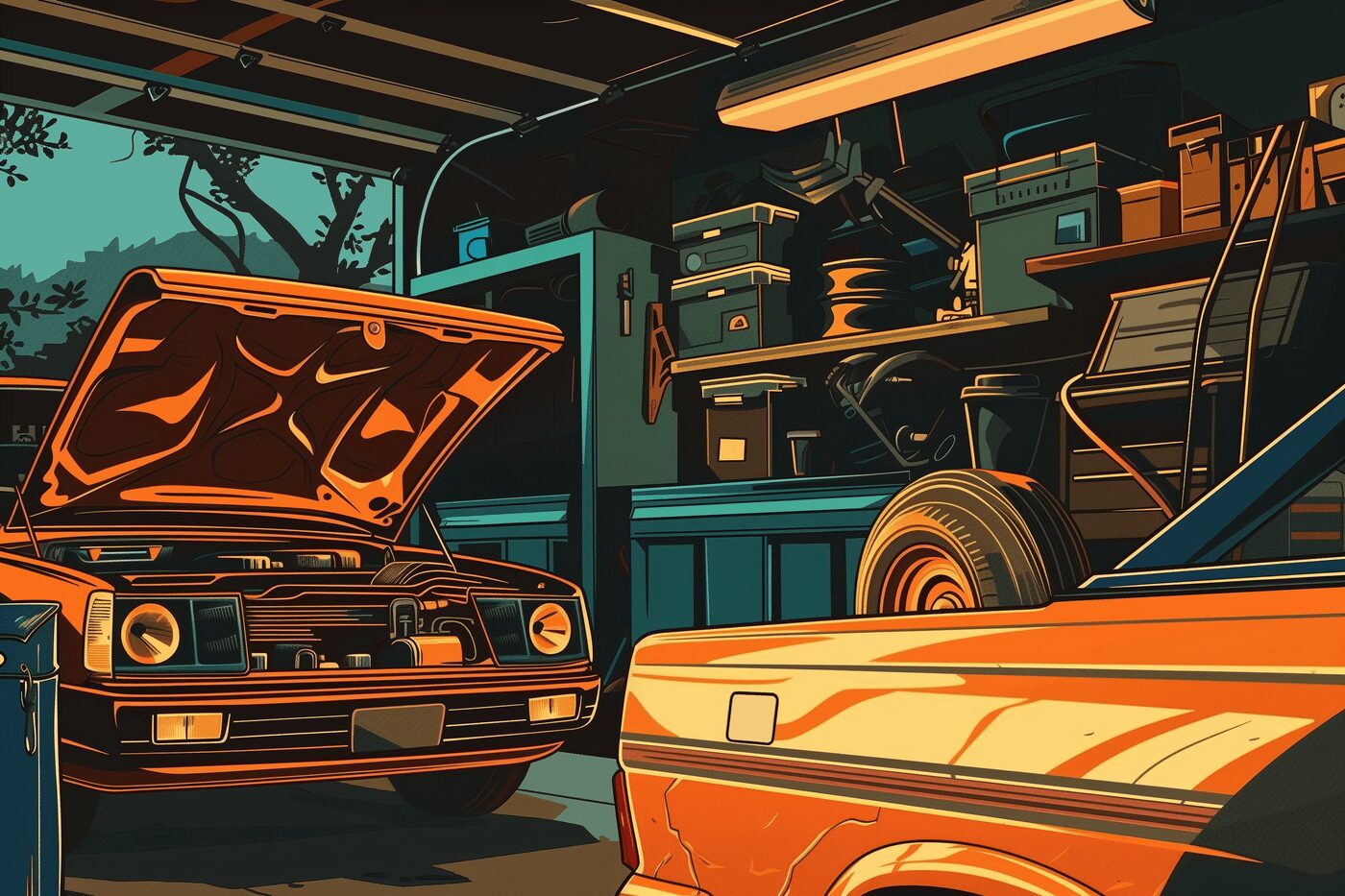 a car parked in a garage with a lifted hood