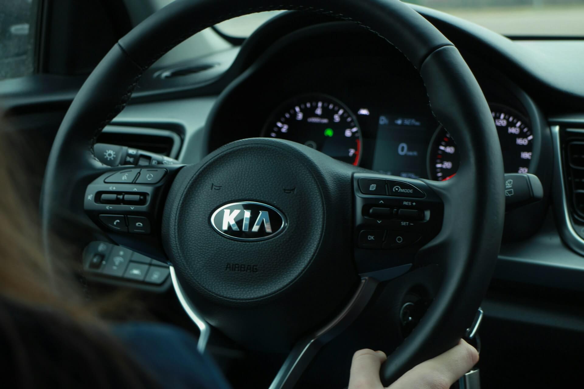 Close-up of a Kia steering wheel