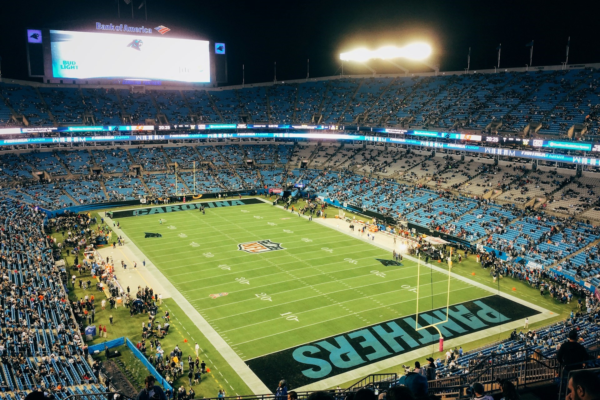 Bank of America Stadium at night during a Carolina Panthers game