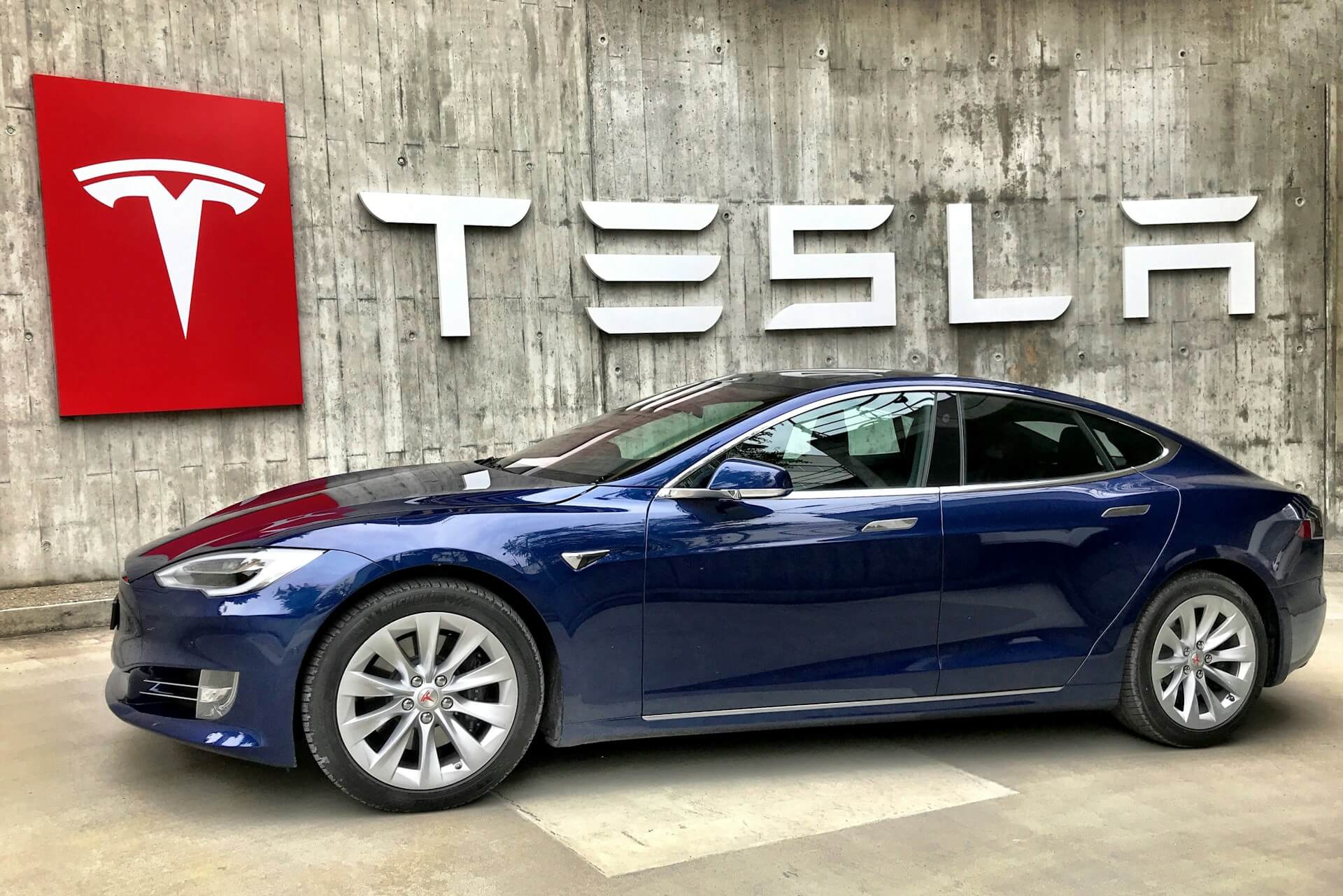 Blue Tesla on display in Switzerland