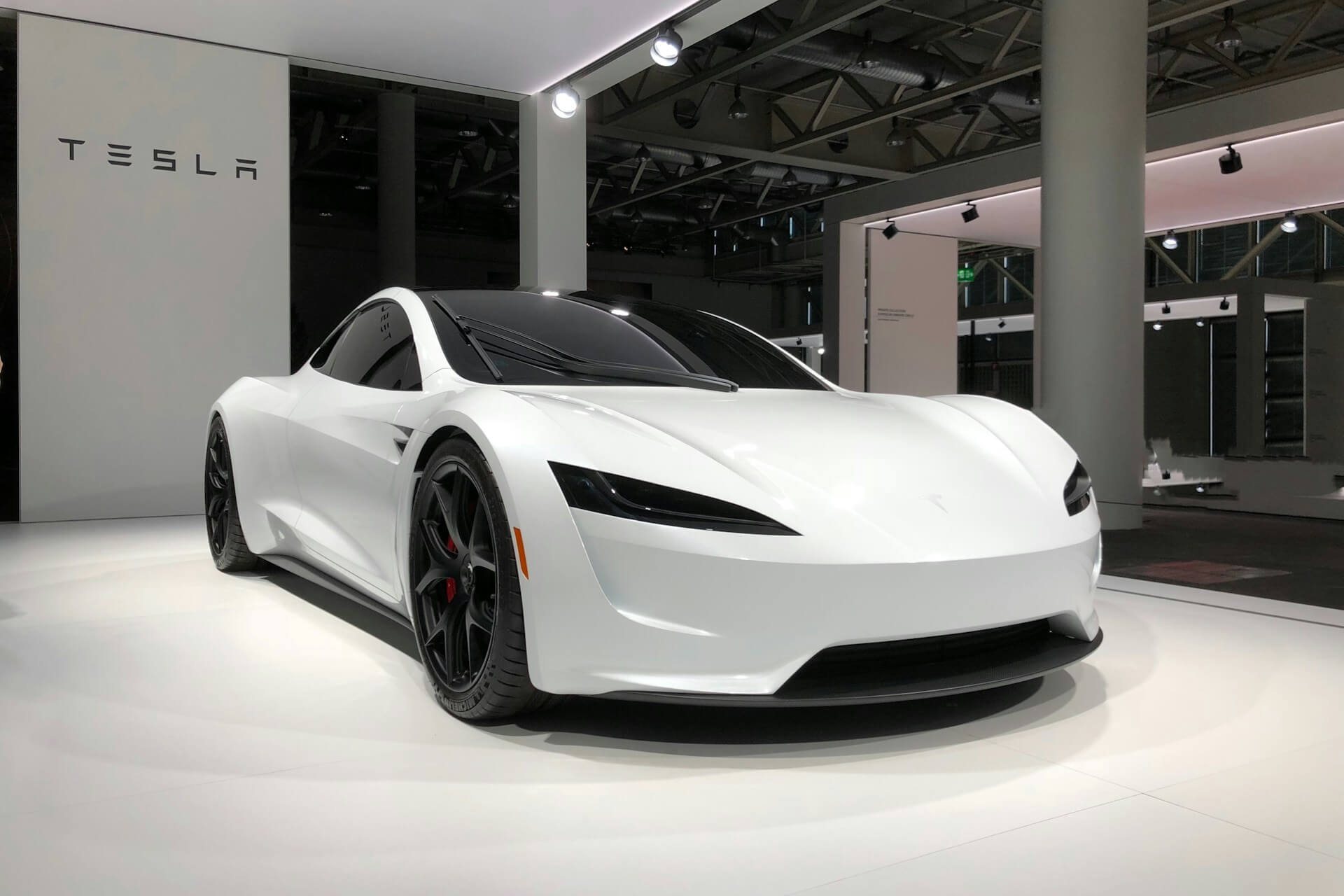 Tesla features its Roadster at an exhibition in Switzerland.