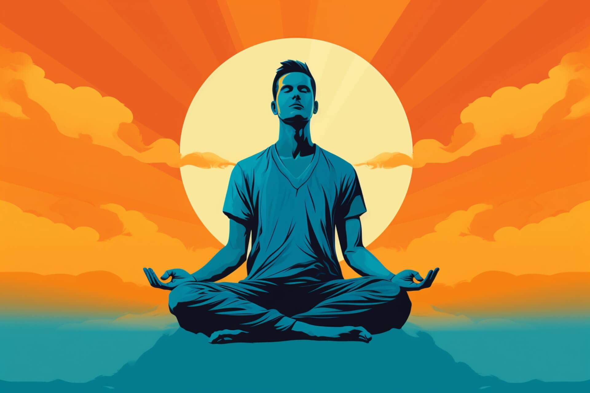 pop art of a man meditating in front of the sun
