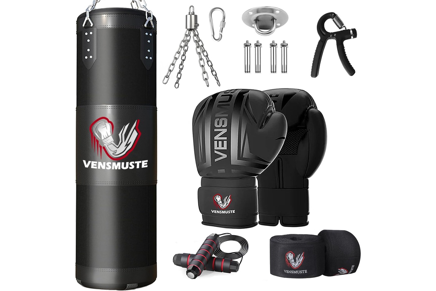A black Vensmuste punching bag with matching boxing gloves wrap, chains and hanging equipment