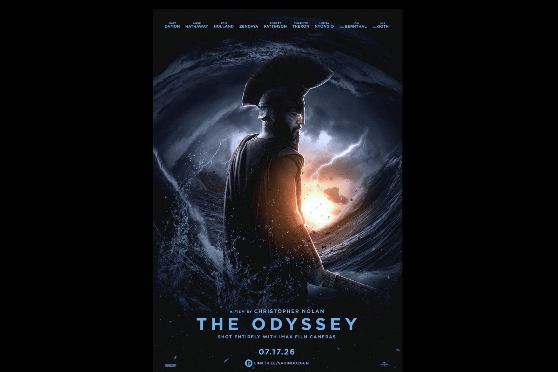 A promotional image with Matt Damon as Odysseus announcing the release of "The Odyssey" (2026)