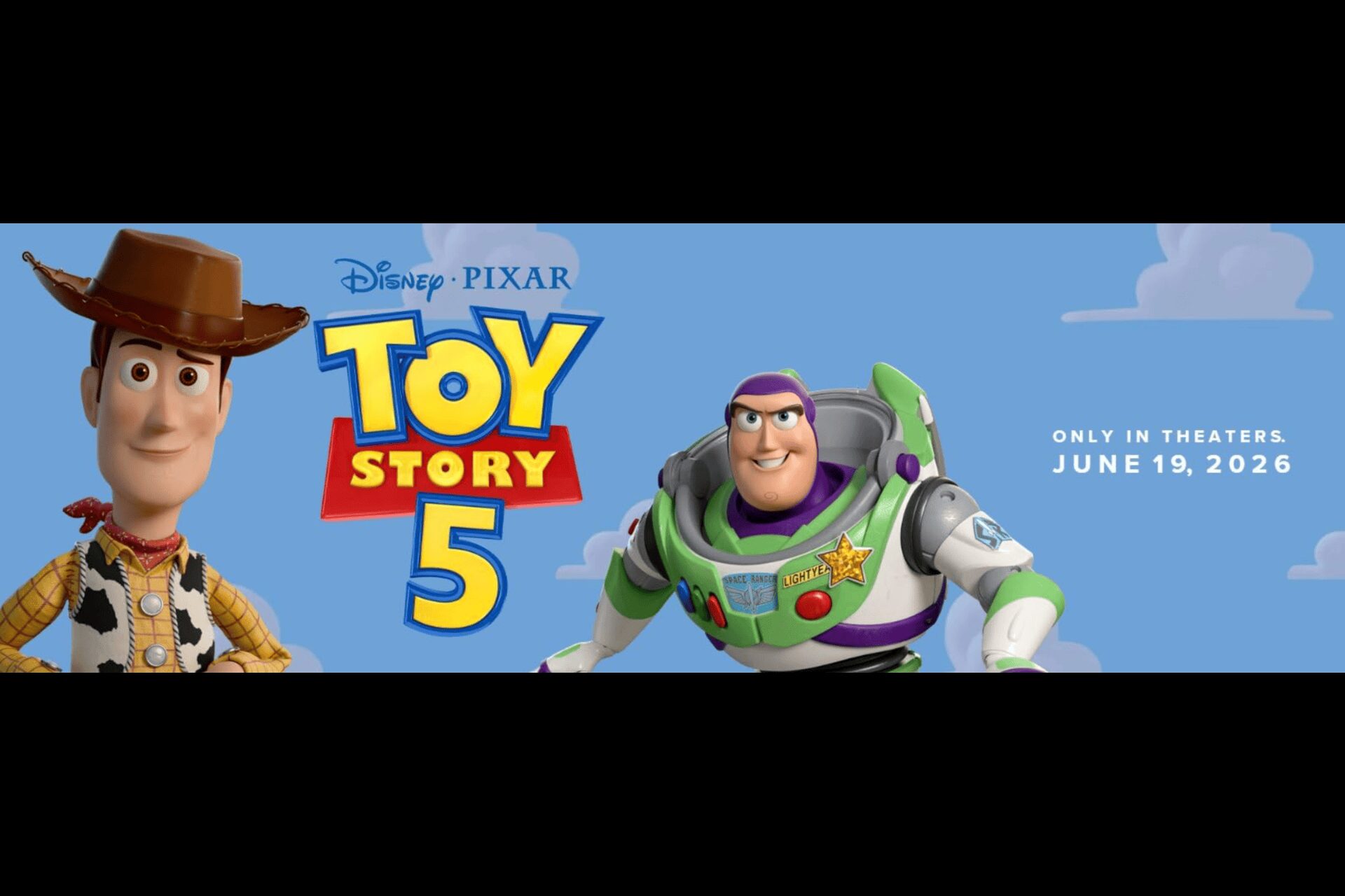 A promotional image with Woody and Buzz announcing the release of "Toy Story 5" (2026)