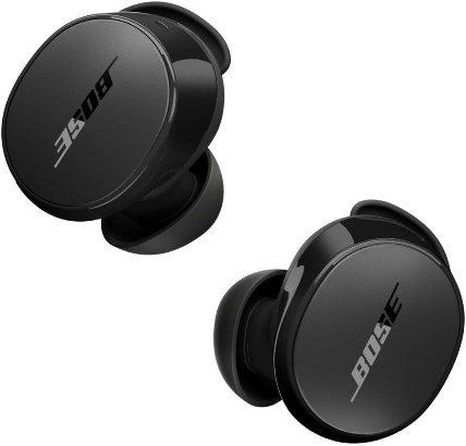 A pair of black Bose QuietComfort Earbuds floats against a white background.