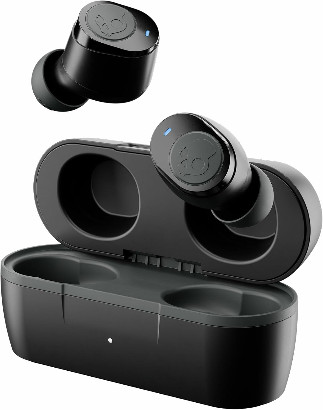A pair of black Skullcandy Jib True 2 Wireless In-Ear Earbuds floats above the black charging case, which sits against a white background.