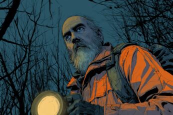 Illustration of a hunter in forest with a flashlight