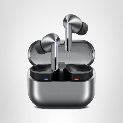 A pair of gray Samsung Galaxy Buds 3 Pro floats against a white background. The gray case sits open below them.