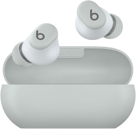 A white open case of Beats Solo Buds sits against a white background. The two white earbuds float above it. They're among the best wireless earbuds on the market.