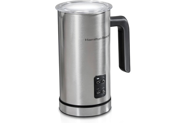 A silver Hamilton Beach milk frother sits against a white background.