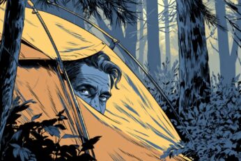 Illustration of man peeking out of tent