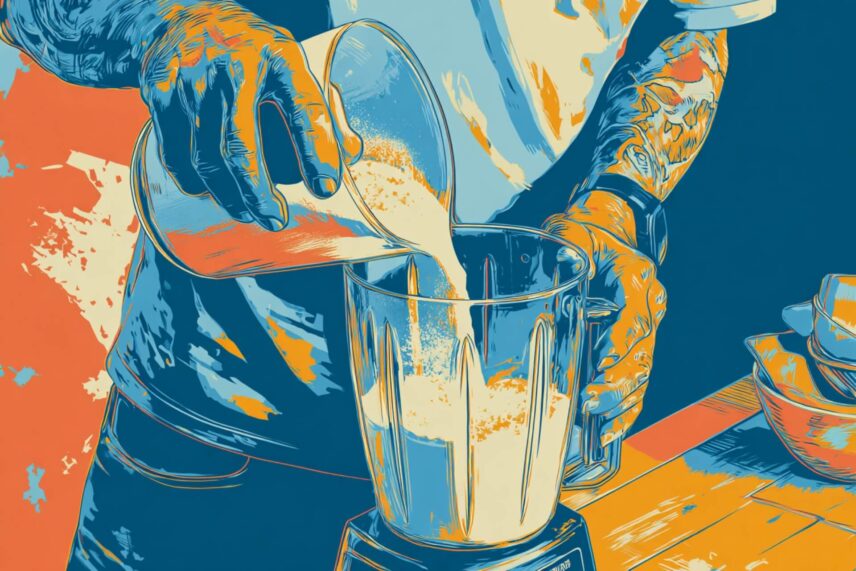 Illustration of man pouring protein powder