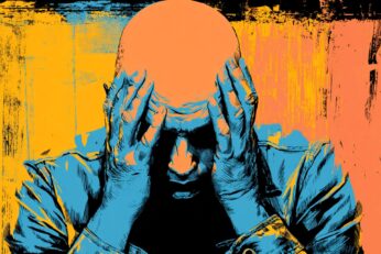 illustration of bald man with his head in his hands