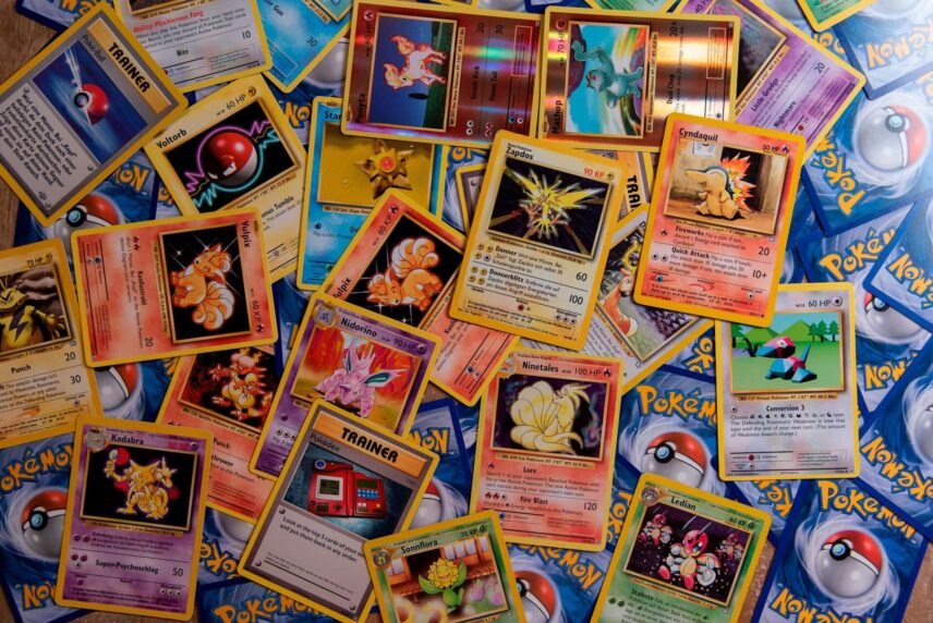 A variety of Pokémon cards spread out